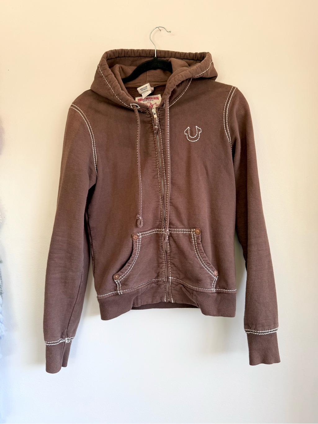 Vintage True Religion Brown Full-Zip Classic Hoodie Embroidered Trim Horseshoe